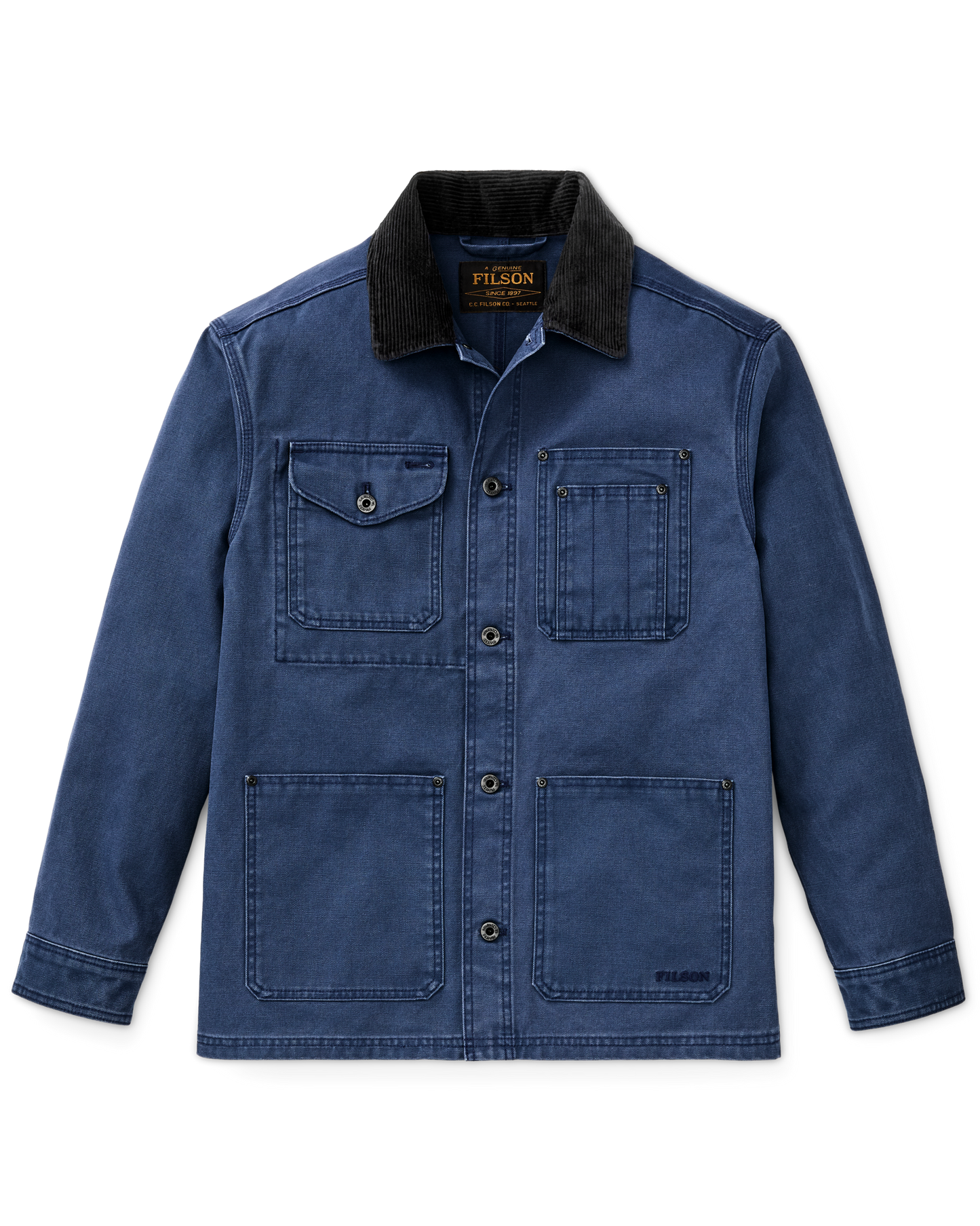 Front-facing image of the Filson Rustic Canvas Barn Coat - Indigo