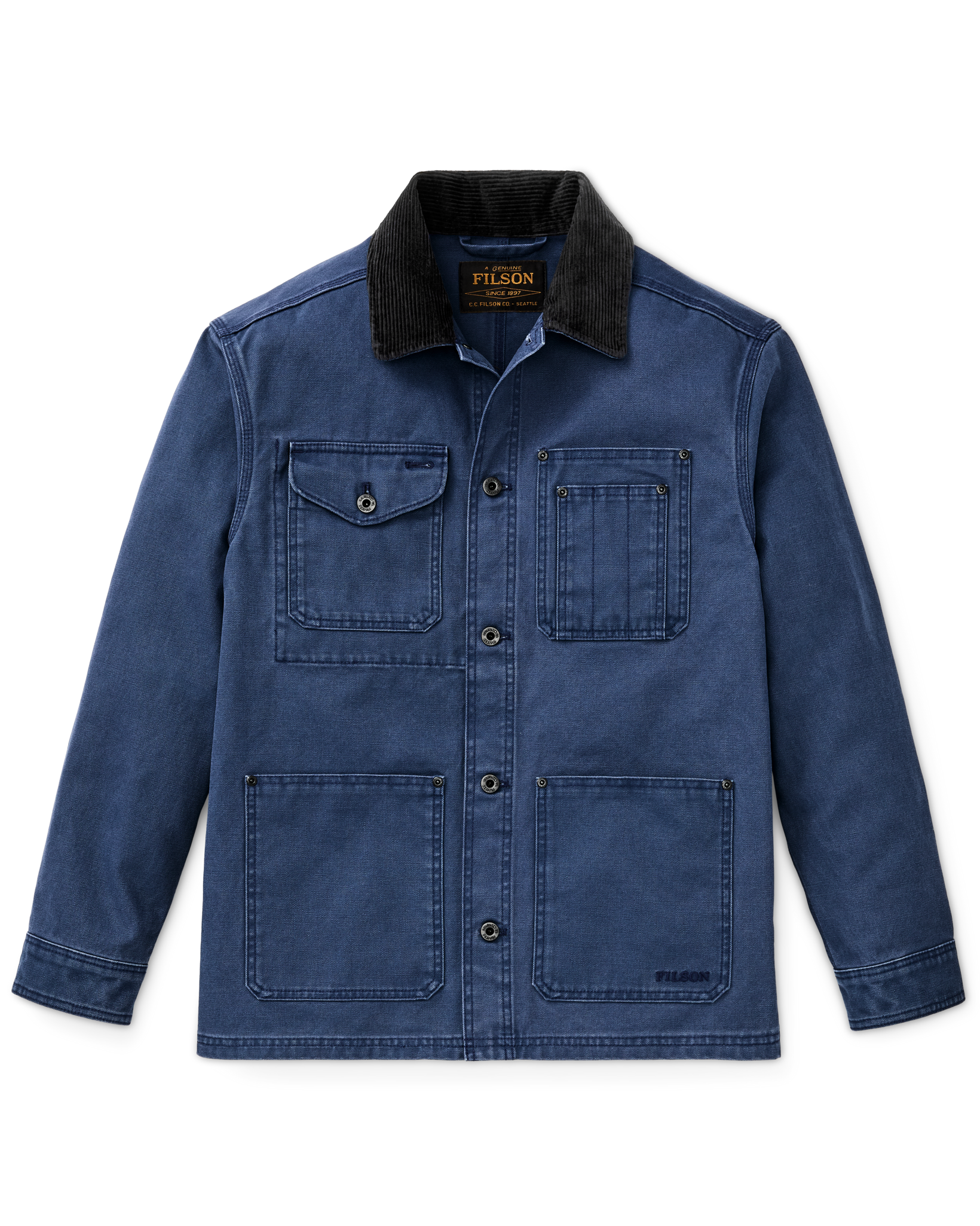 Front-facing image of the Filson Rustic Canvas Barn Coat - Indigo