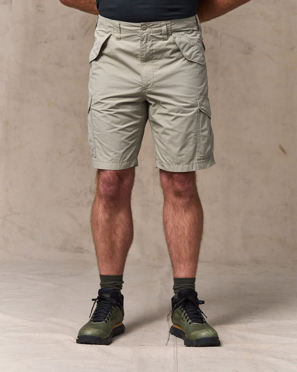 image of a model wearing Filson's Tropical Poplin Cargo Short - Dried Sage