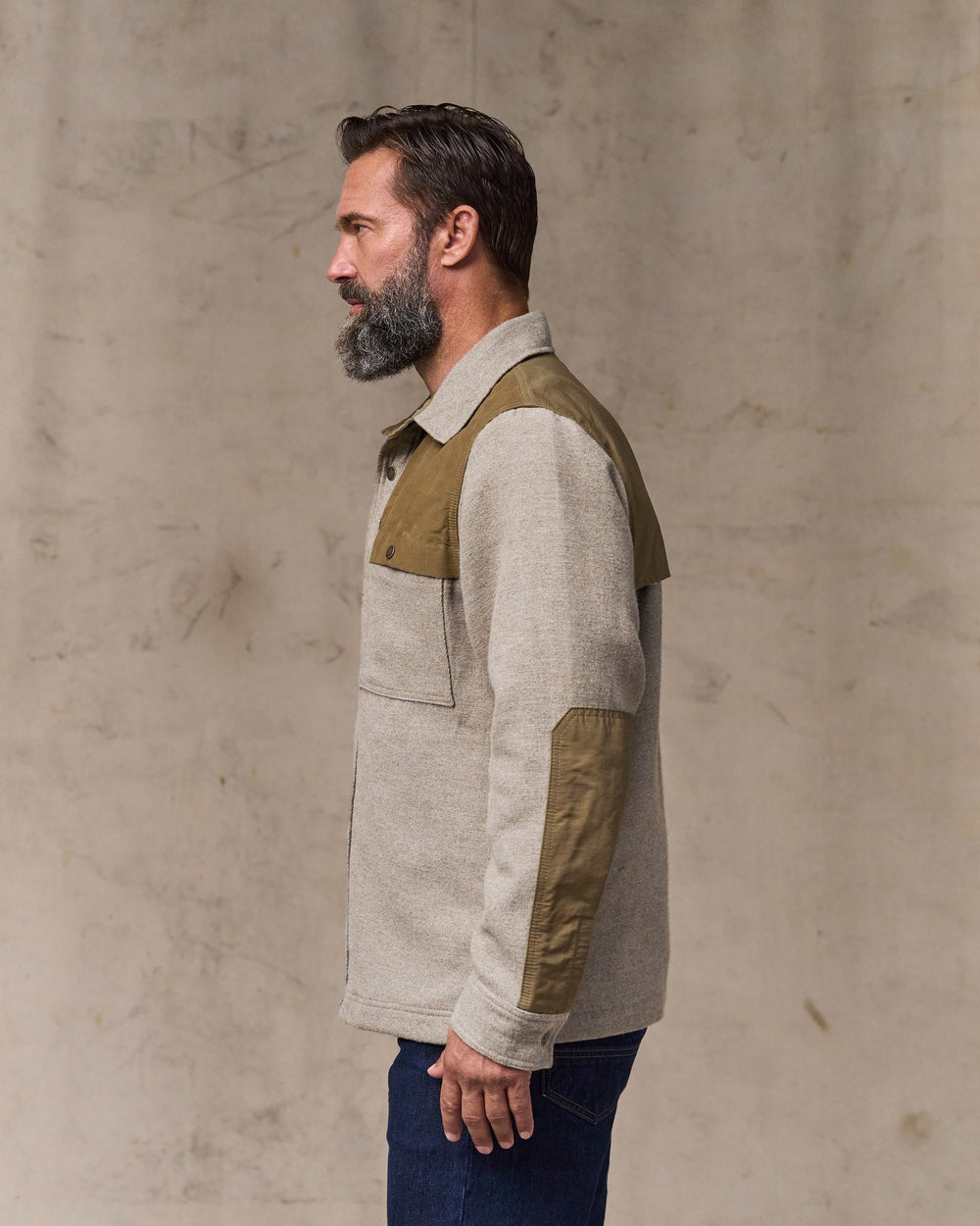 image of a model wearing Filson's Colchuck Forester Jac-shirt - Ash Heather