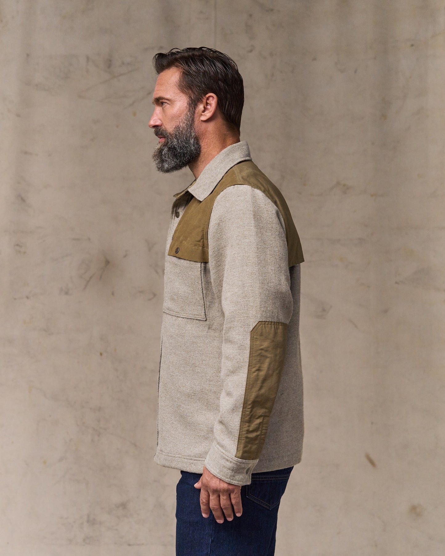 image of a model wearing Filson's Colchuck Forester Jac-shirt - Ash Heather