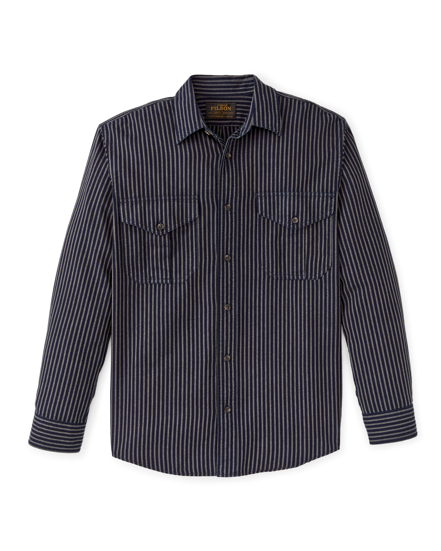 Front-facing image of the Filson Lightweight Alaskan Guide Shirt - Indigo / Ticking Stripe