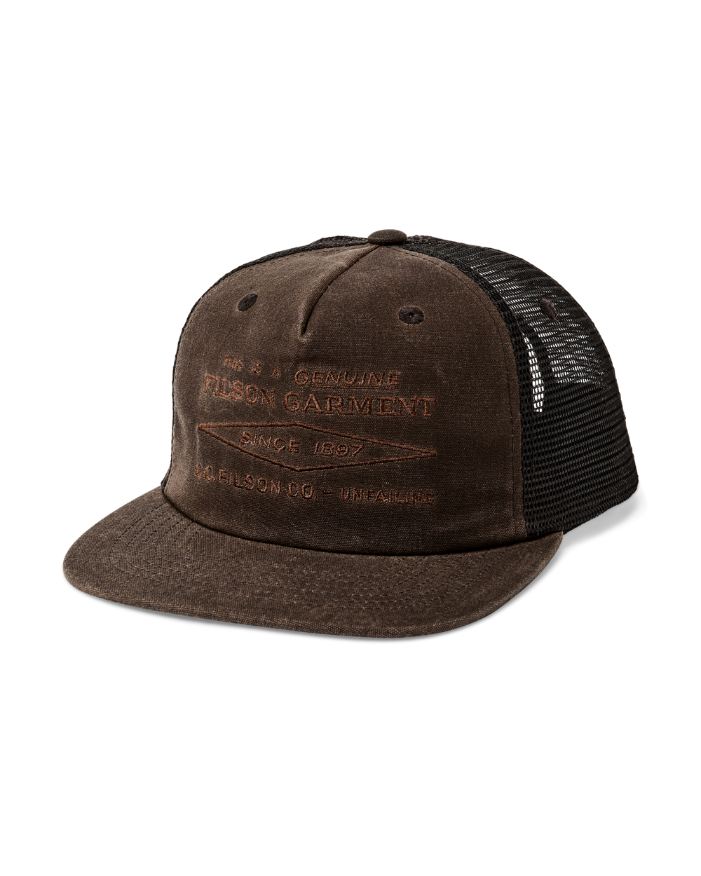 Front-facing image of the Filson Diamond Trucker Mesh Cap - Brown