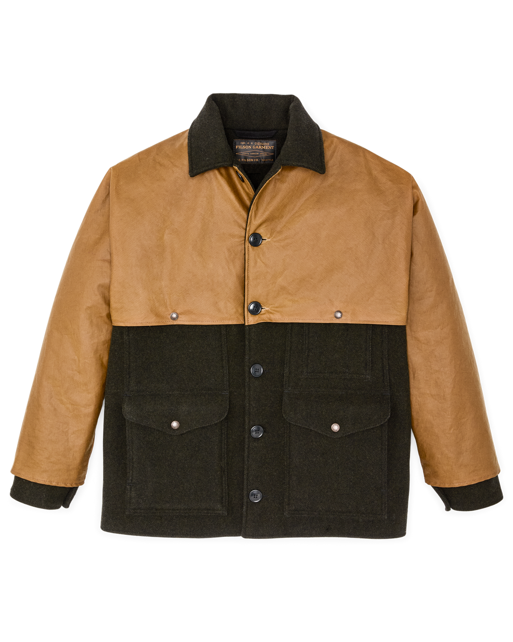 Mackinaw Wool Caped Cruiser Jacket - Peat Black / Dark Tan | Filson