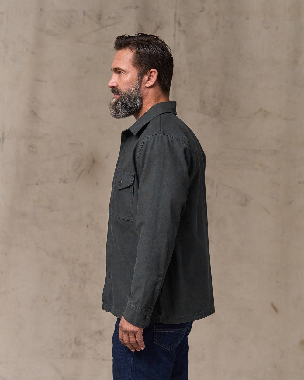 image of a model wearing Filson's Field Jac-shirt - Washed Faded Black