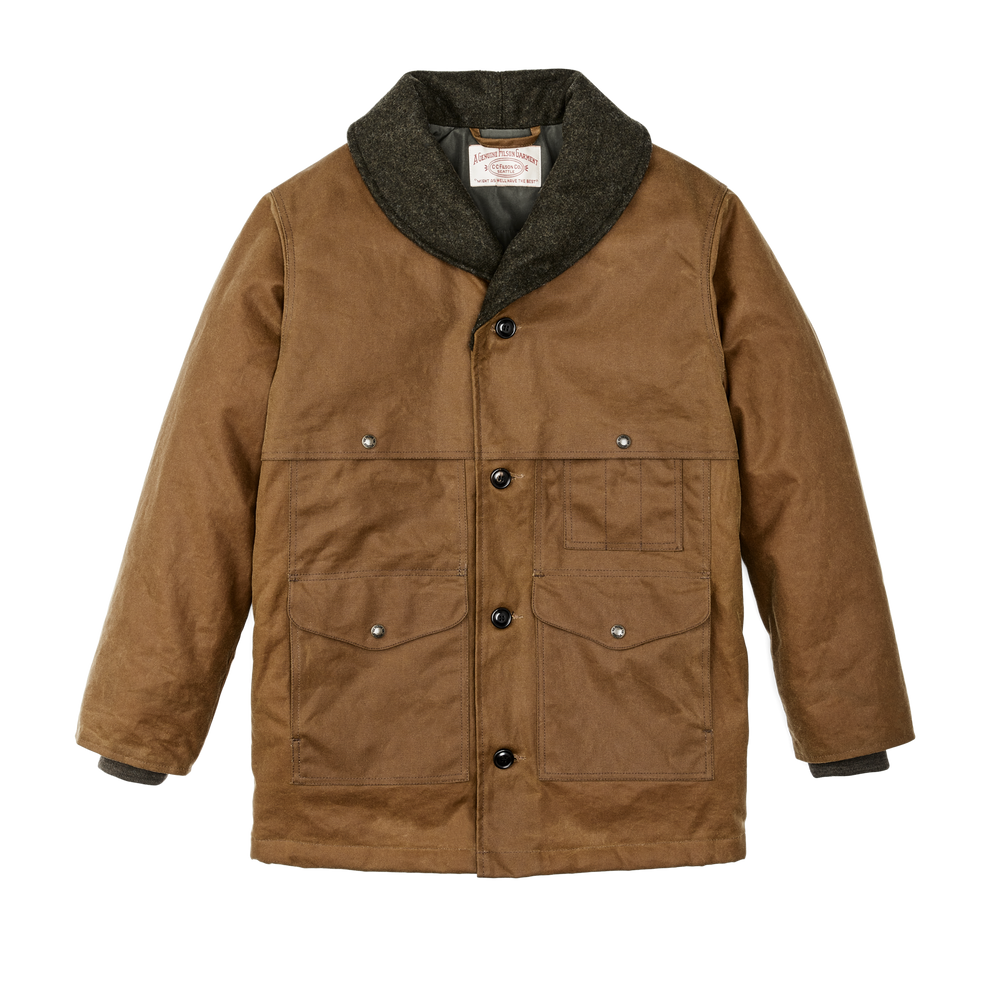 Front-facing image of the Filson Tin Cloth Insulated Packer Coat - Dark Tan