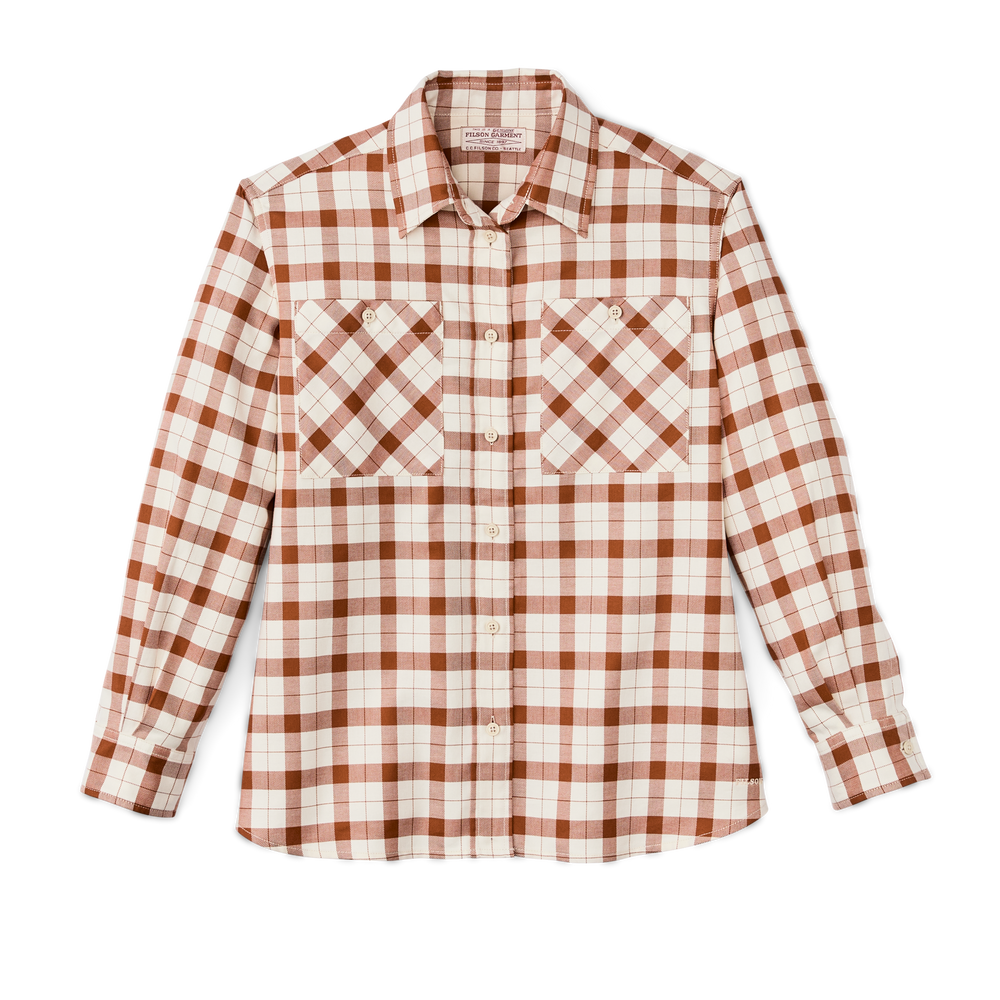 Front-facing image of the Filson Women's Light Weight Alaskan Guide Shirt - Light Tan / Brown Plaid