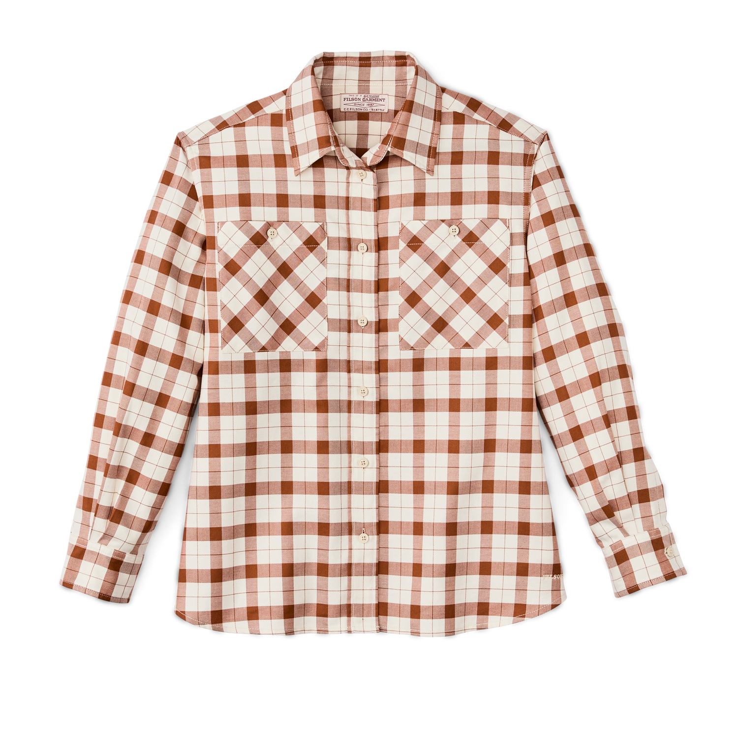 Front-facing image of the Filson Women's Light Weight Alaskan Guide Shirt - Light Tan / Brown Plaid