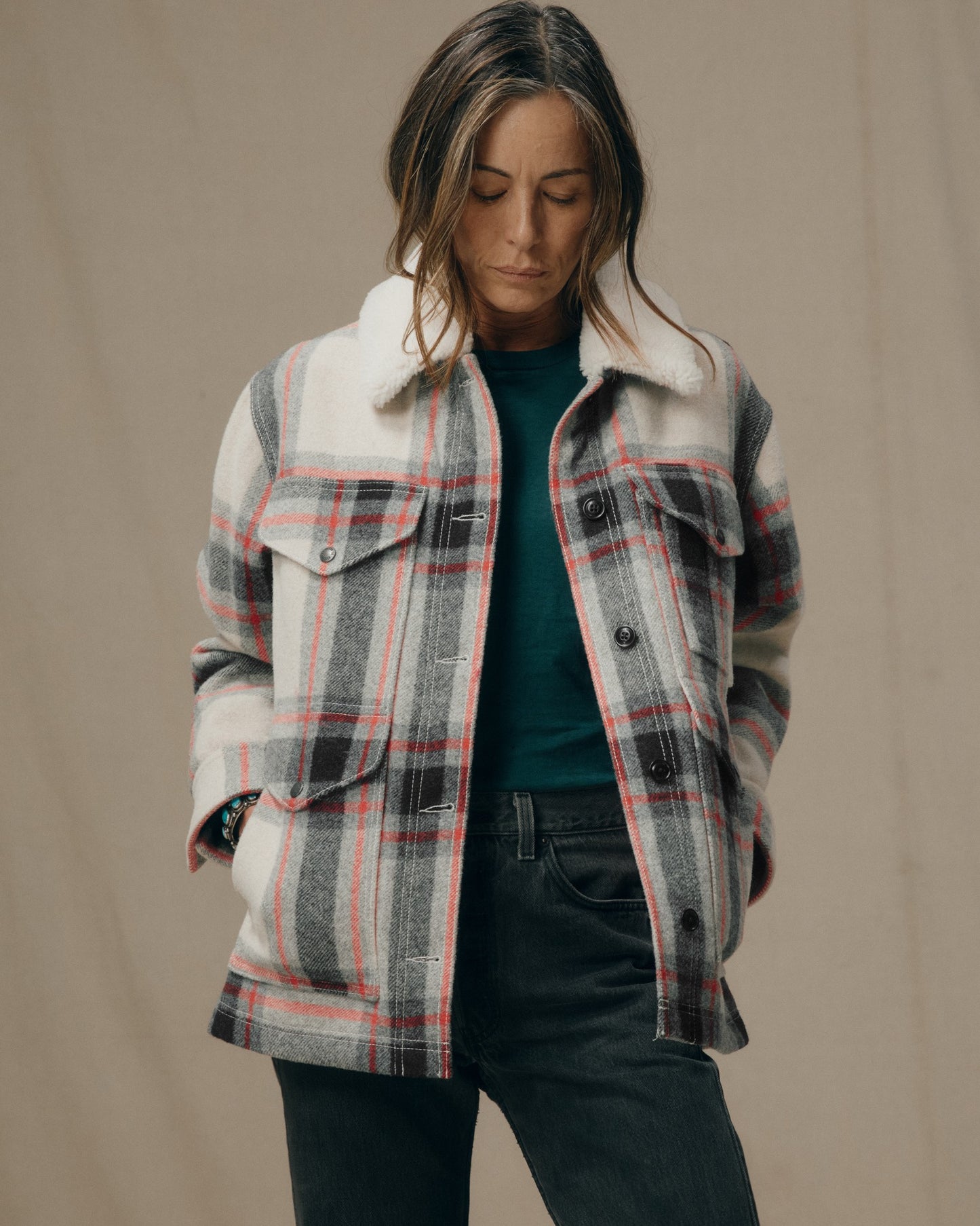 Women's Mackinaw Wool Shearling Cruiser Jacket - Cream / Red / Black Plaid