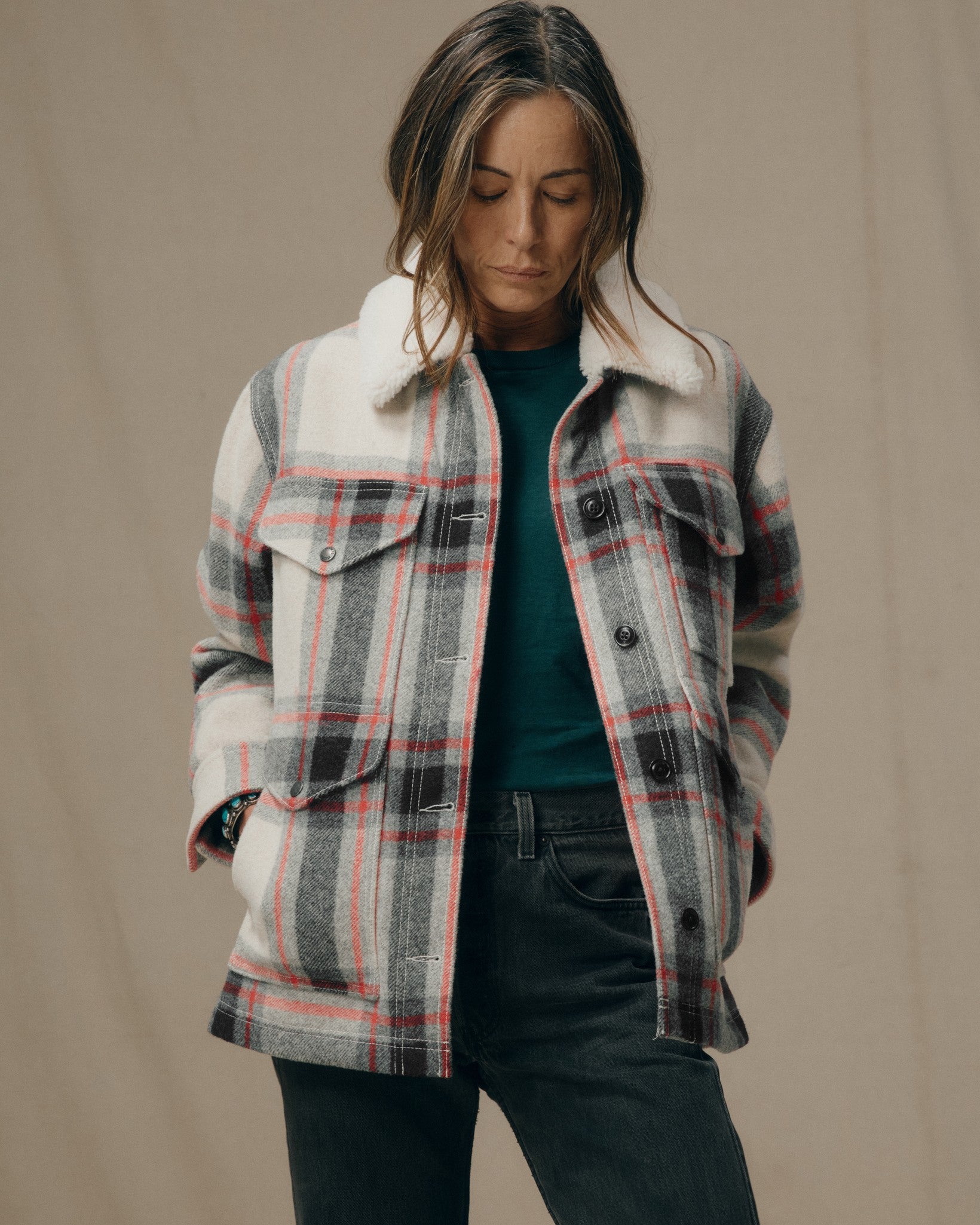 Women's Mackinaw Wool Shearling Cruiser Jacket - Cream / Red / Black Plaid