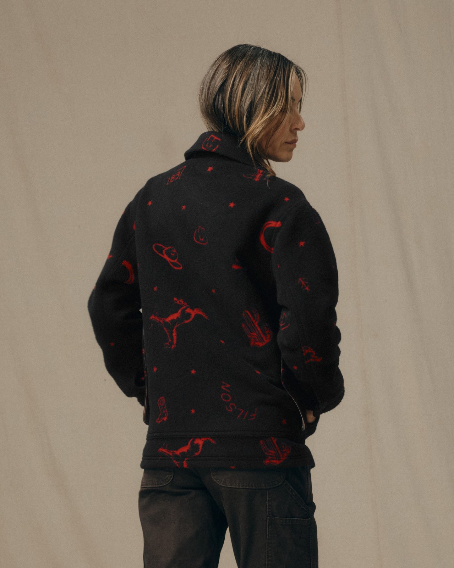 Women's Jacquard Wool Cruiser Jacket - Black / Red Western