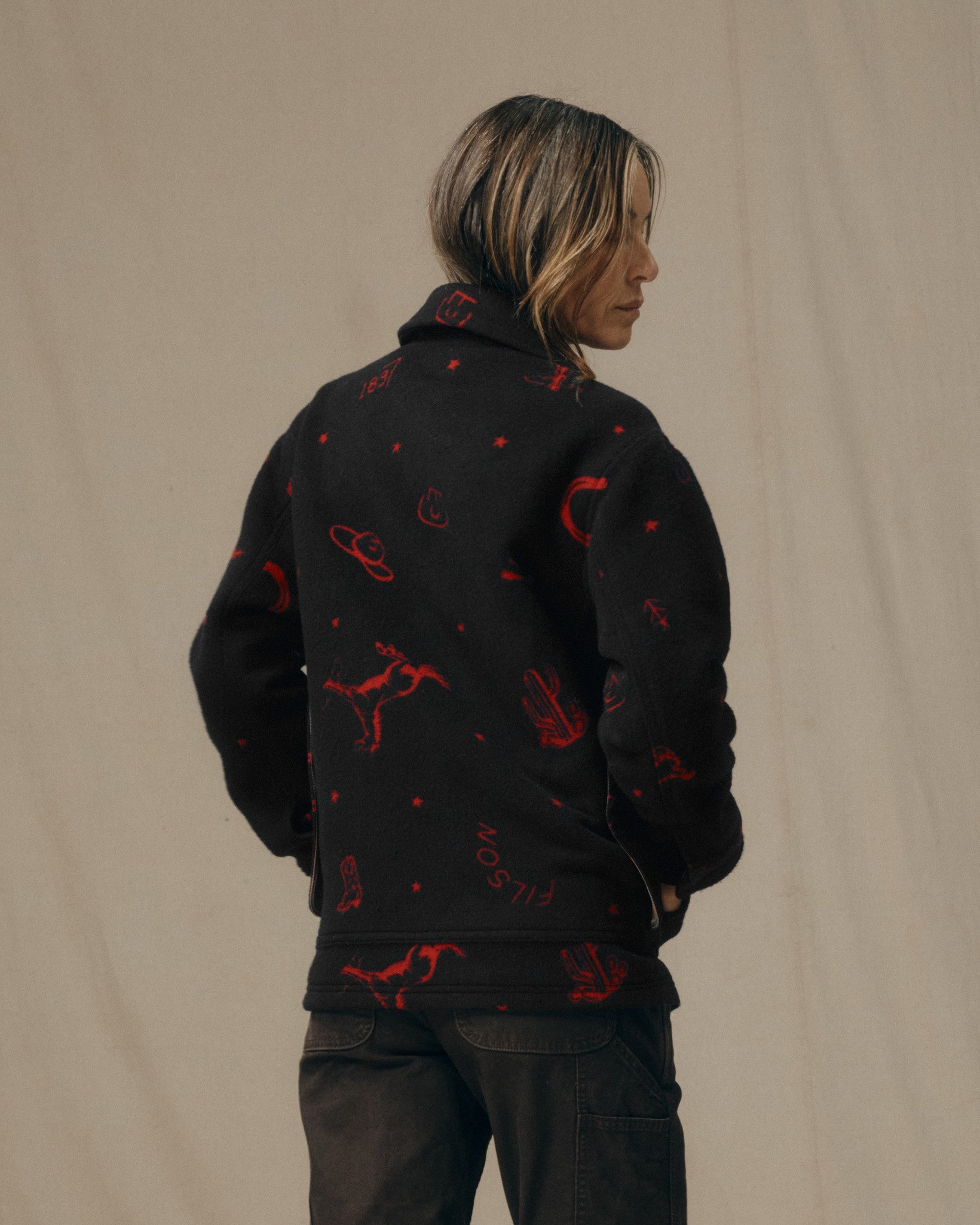 Women's Jacquard Wool Cruiser Jacket - Black / Red Western