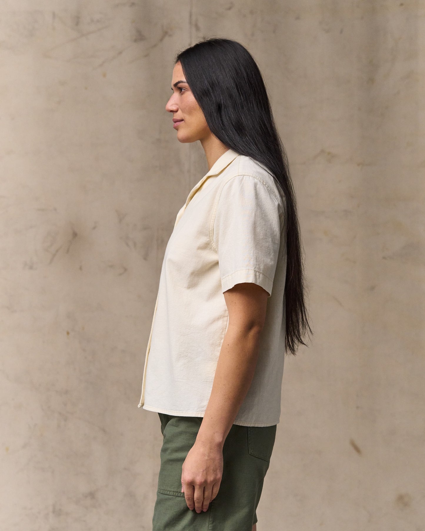 image of a model wearing Filson's Women's Camp Shirt - Natural Seed
