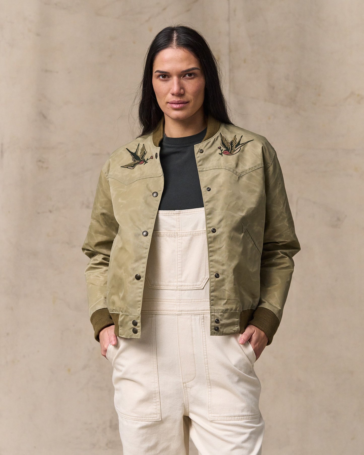 image of a model wearing Filson's Women's Western Satin Jacket - Silver Sage|Model is 5'10" wearing a size medium