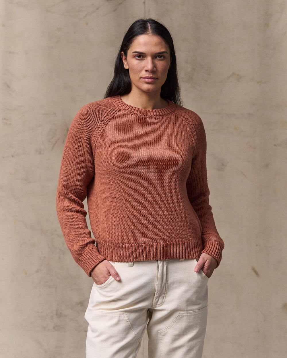 image of a model wearing Filson's Women's Cotton Crewneck Sweater - Copper Brown