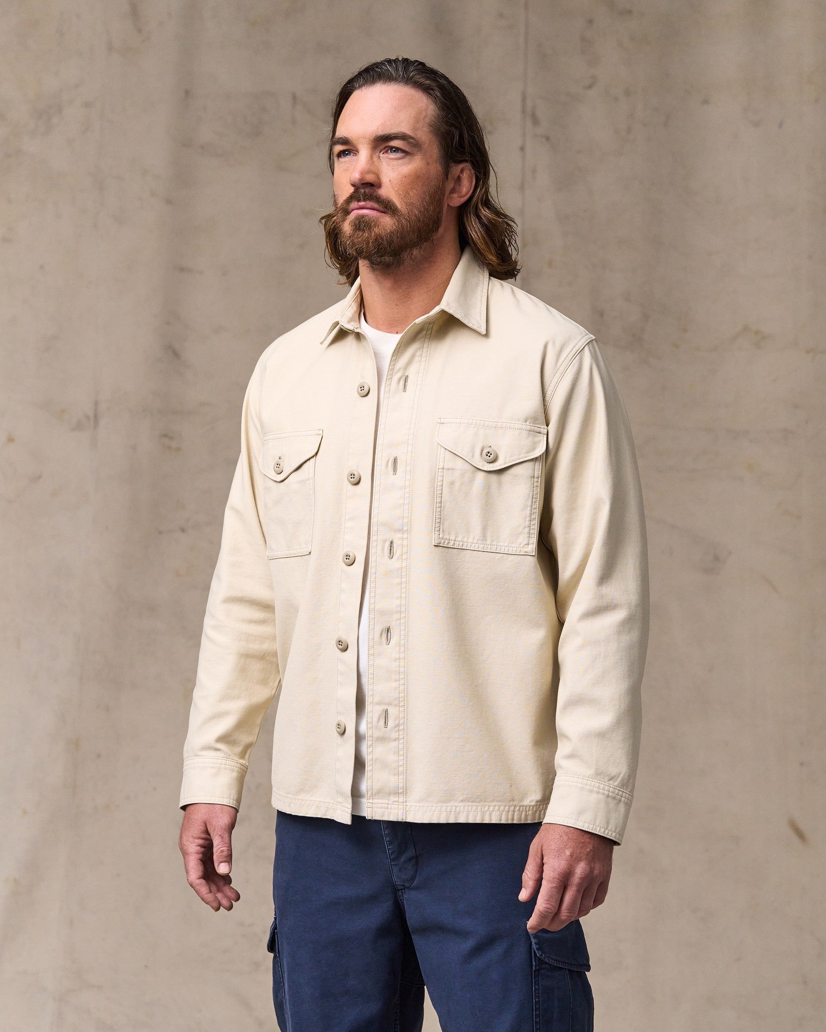 image of a model wearing Filson's Field Jac-shirt - Washed Oatmeal
