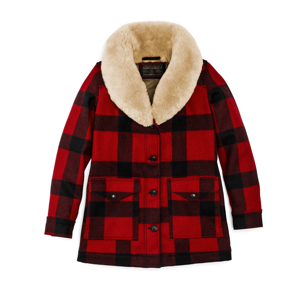 Front-facing image of the Filson Women's Wool Trapper Coat - Red/black Plaid