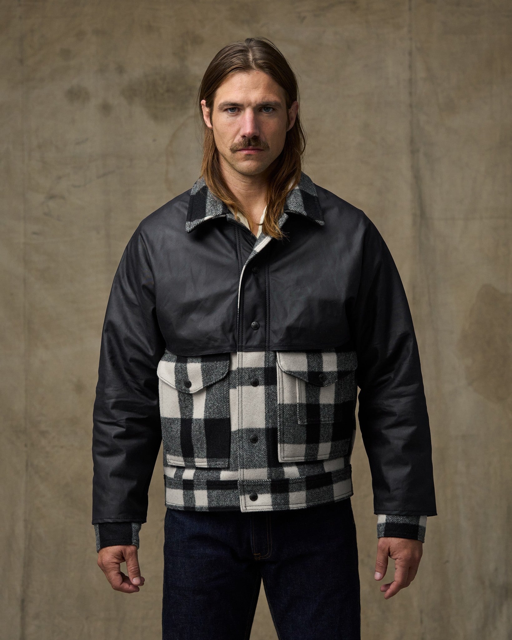 Filson Mackinaw Wool Caped Jacket in natural black plaid and navy