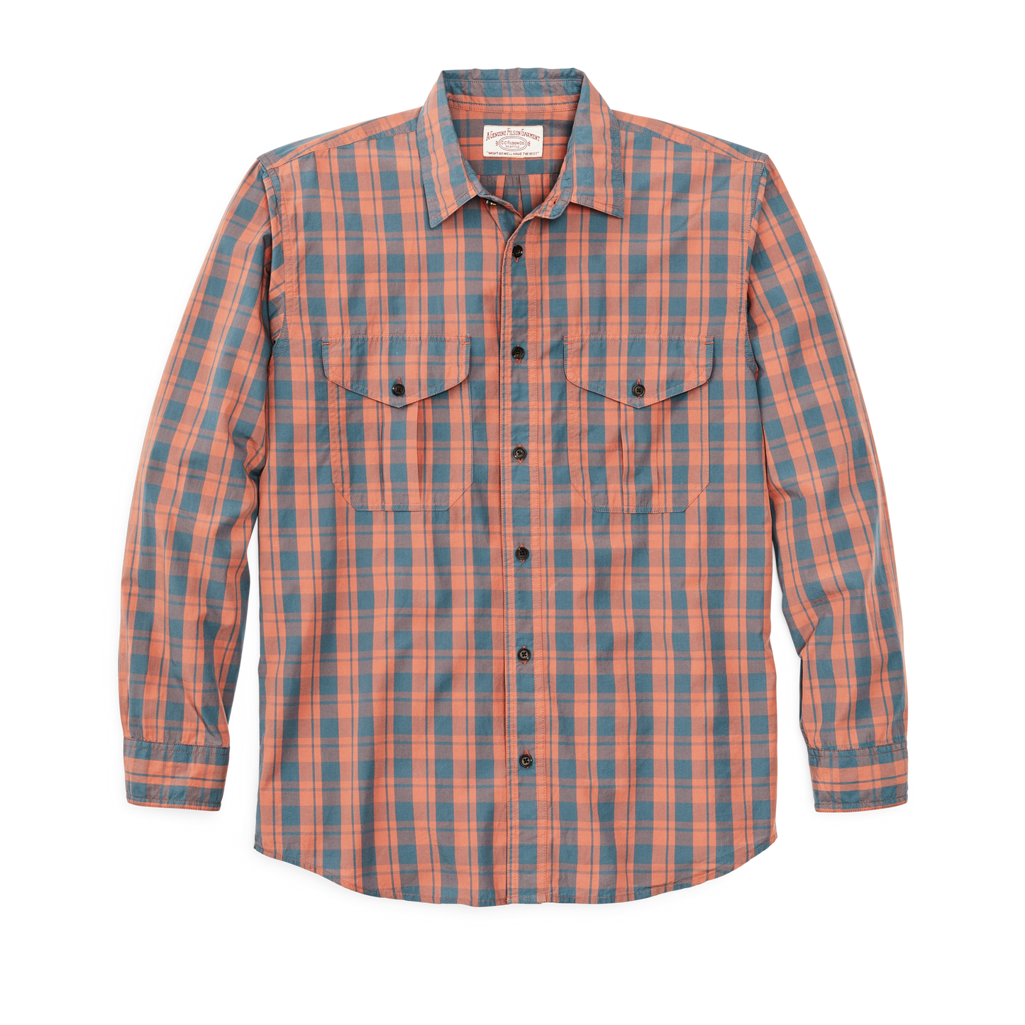 Front-facing image of the Filson Filson's Washed Feather Cloth Shirt - Faded Cedar / Blue Plaid
