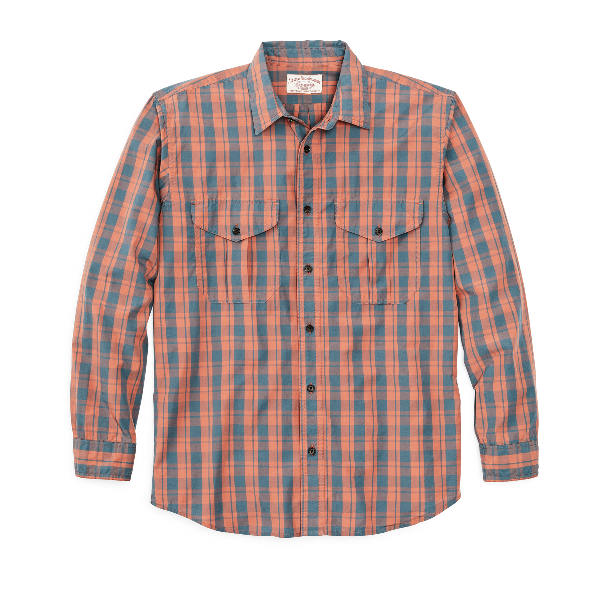 Front-facing image of the Filson Filson's Washed Feather Cloth Shirt - Faded Cedar / Blue Plaid