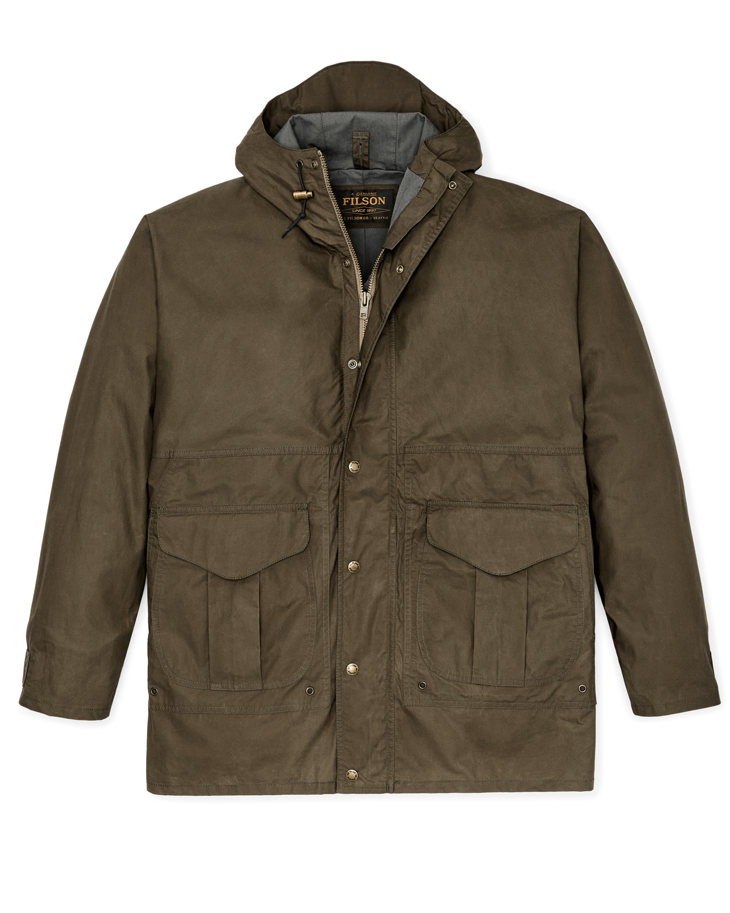 Front-facing image of the Filson Dry Wax Omak Coat - Burnt Olive