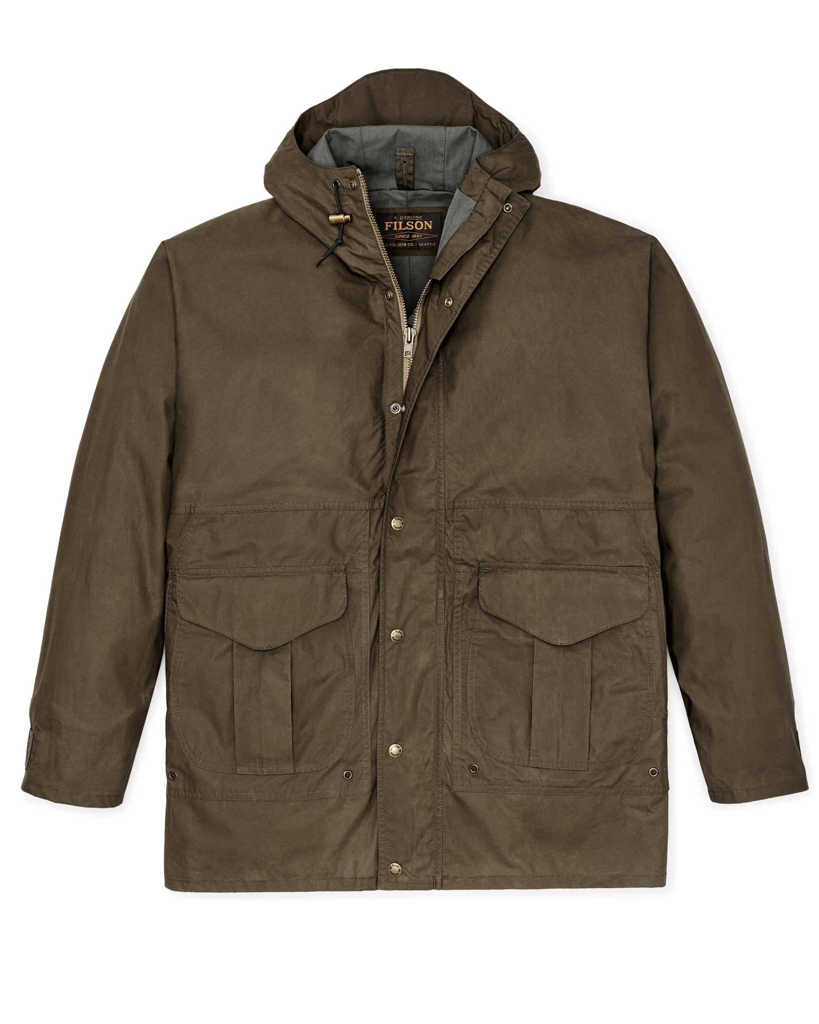 Front-facing image of the Filson Dry Wax Omak Coat - Burnt Olive