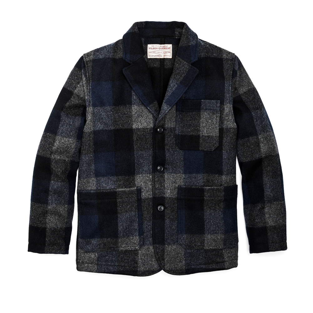Front-facing image of the Filson Mackinaw Wool Blazer - Charcoal/black/navy Buffalo Plaid