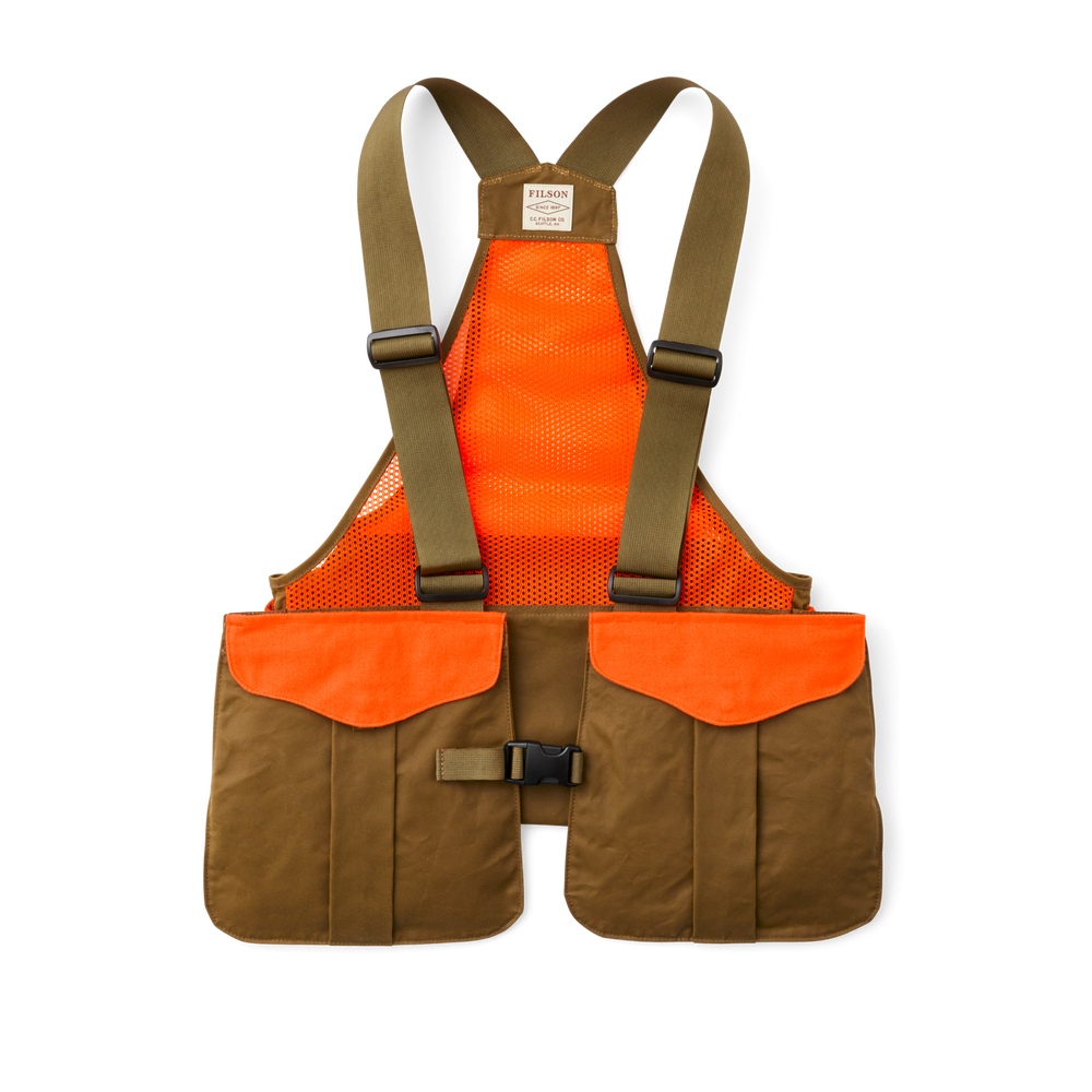 Front-facing image of the Filson Mesh Game Bag - Dark Tan / Blaze Orange
