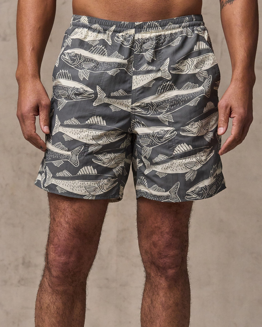 image of a model wearing Filson's Oxbow Lake Trunks - Beluga / Print