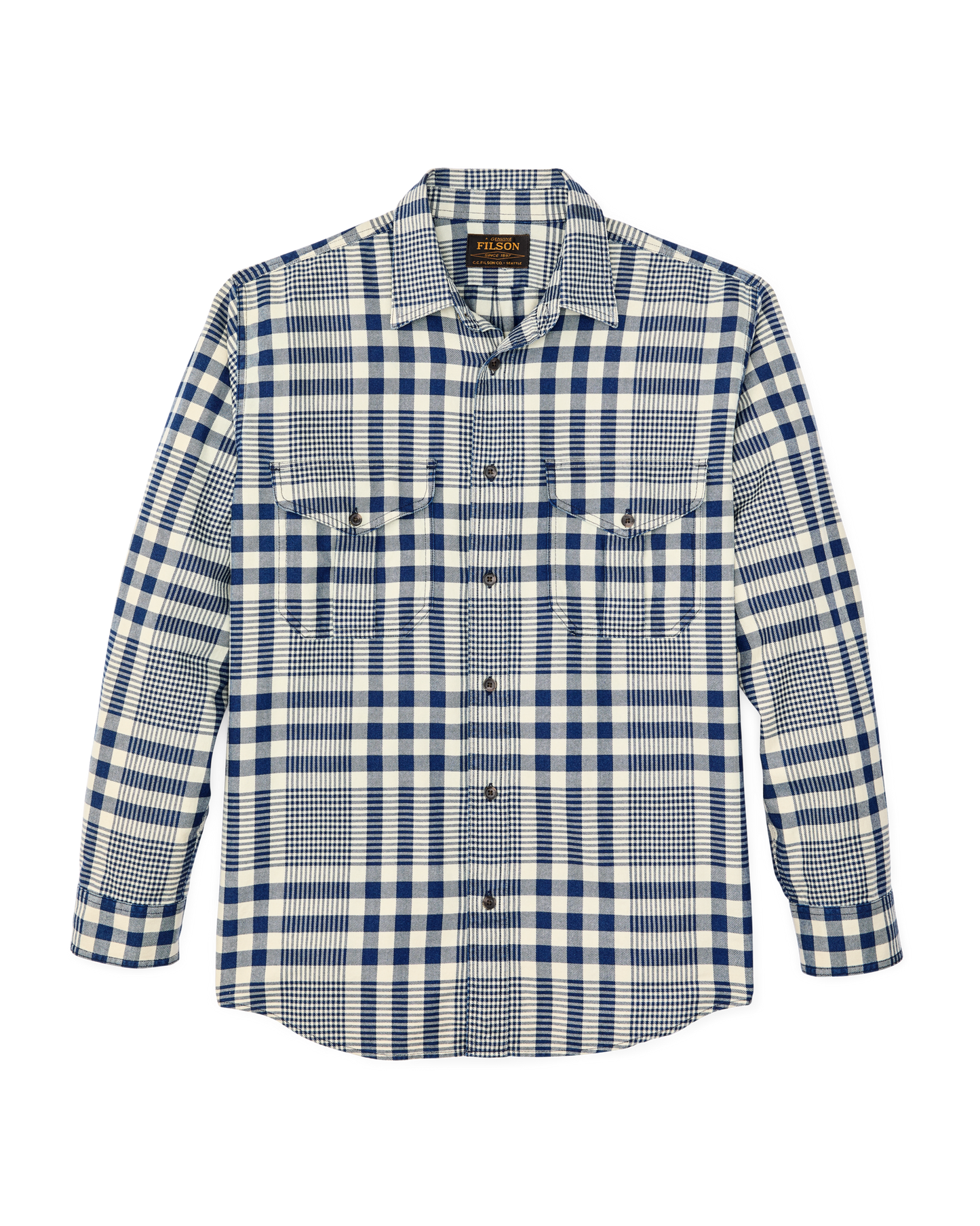 Front-facing image of the Filson Lightweight Alaskan Guide Shirt - Indigo Multi Plaid