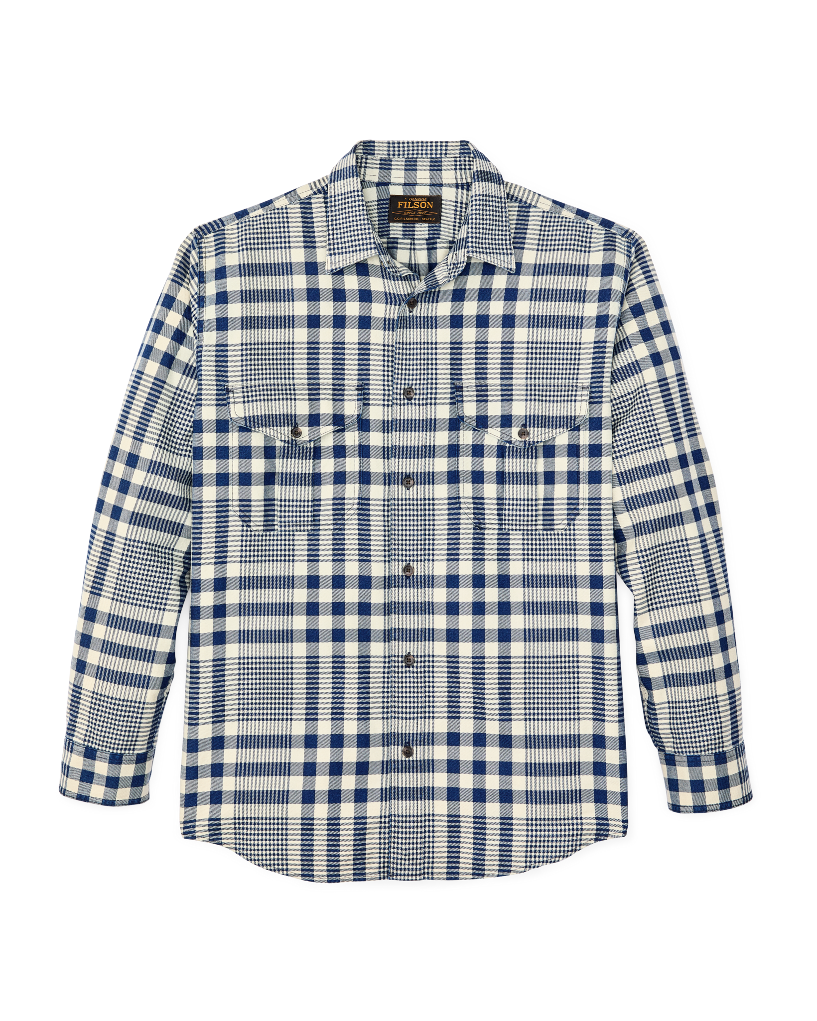 Front-facing image of the Filson Lightweight Alaskan Guide Shirt - Indigo Multi Plaid