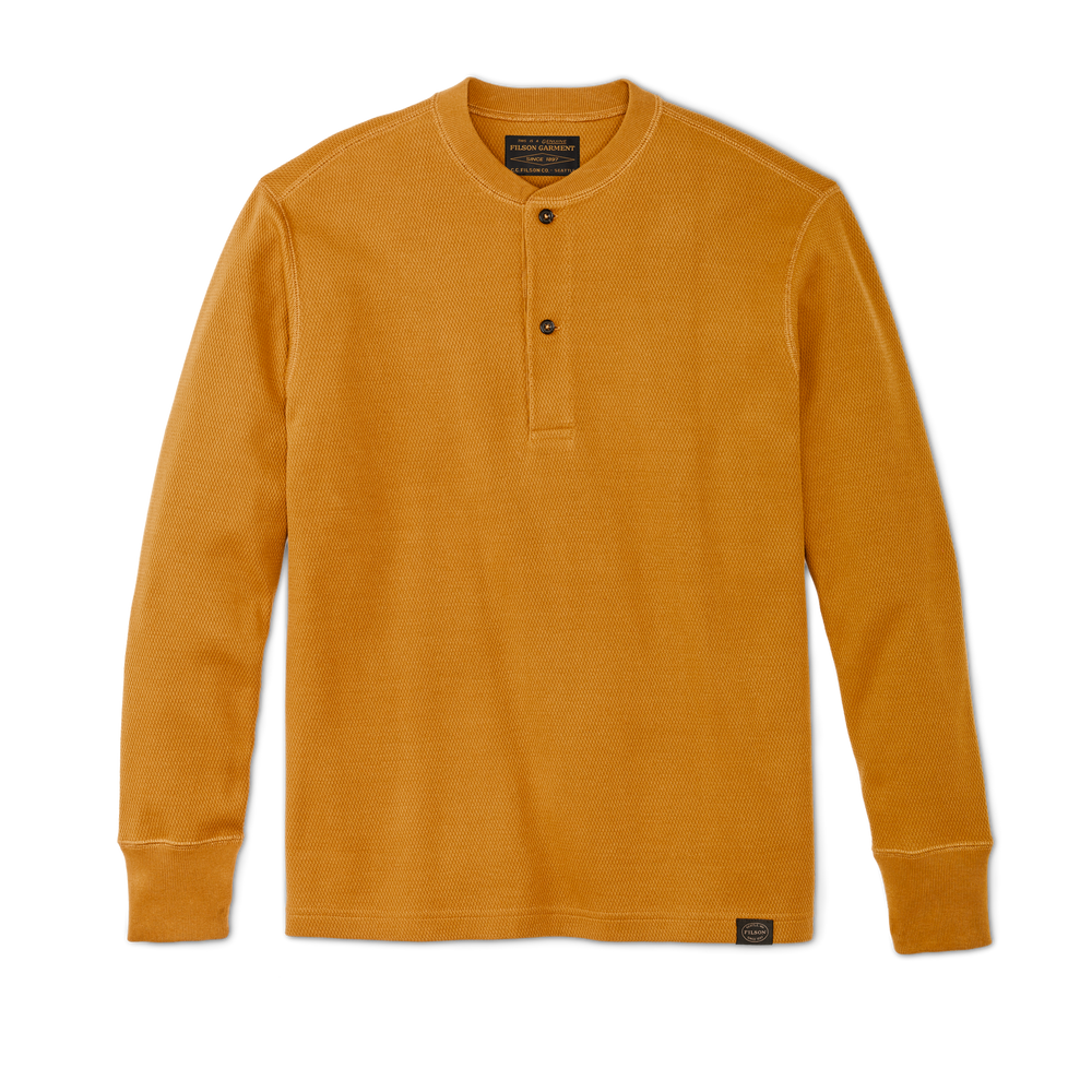 Front-facing image of the Filson Waffle Knit Henley - Buckthorn Brown