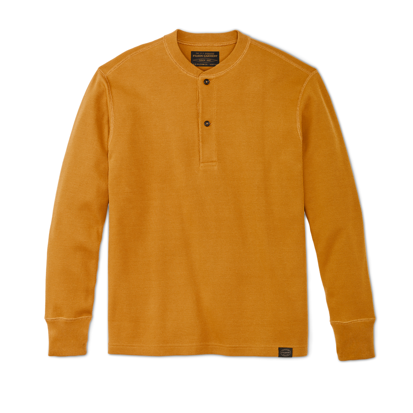 Front-facing image of the Filson Waffle Knit Henley - Buckthorn Brown