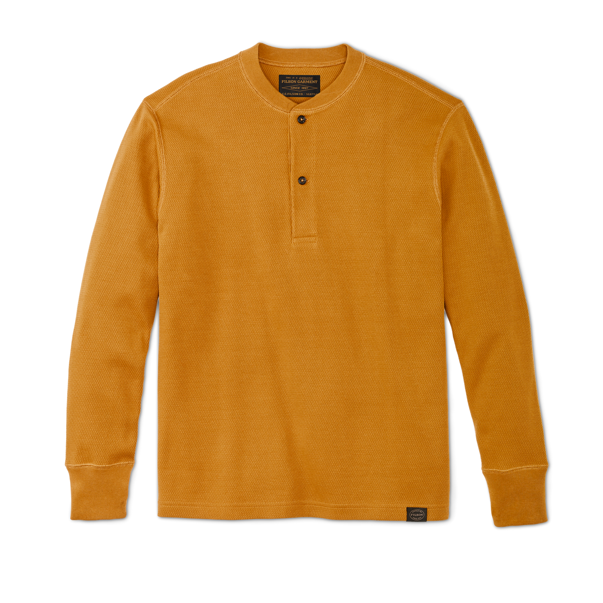 Front-facing image of the Filson Waffle Knit Henley - Buckthorn Brown
