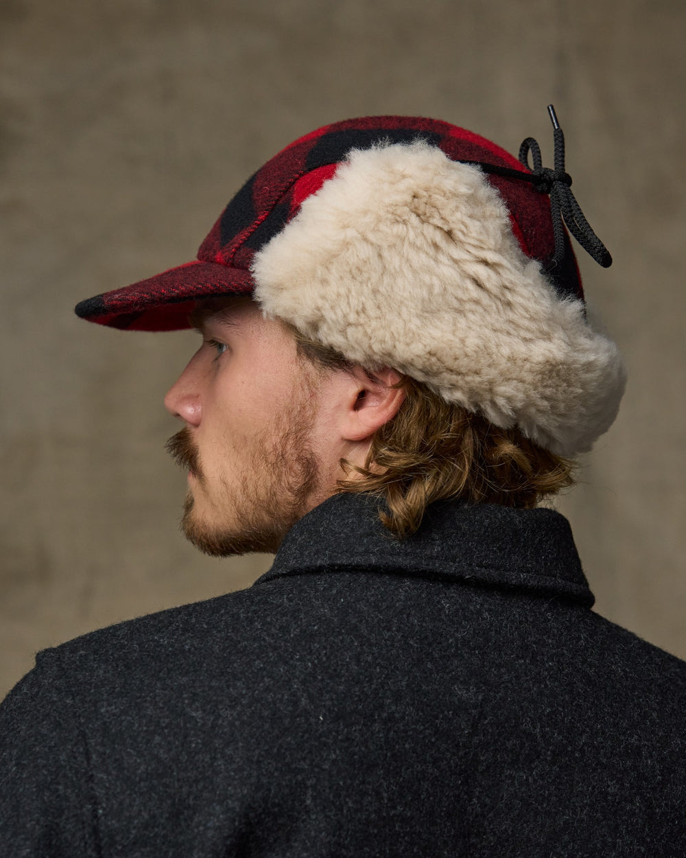 Double Mackinaw Wool Cap - Red Black Plaid/birch