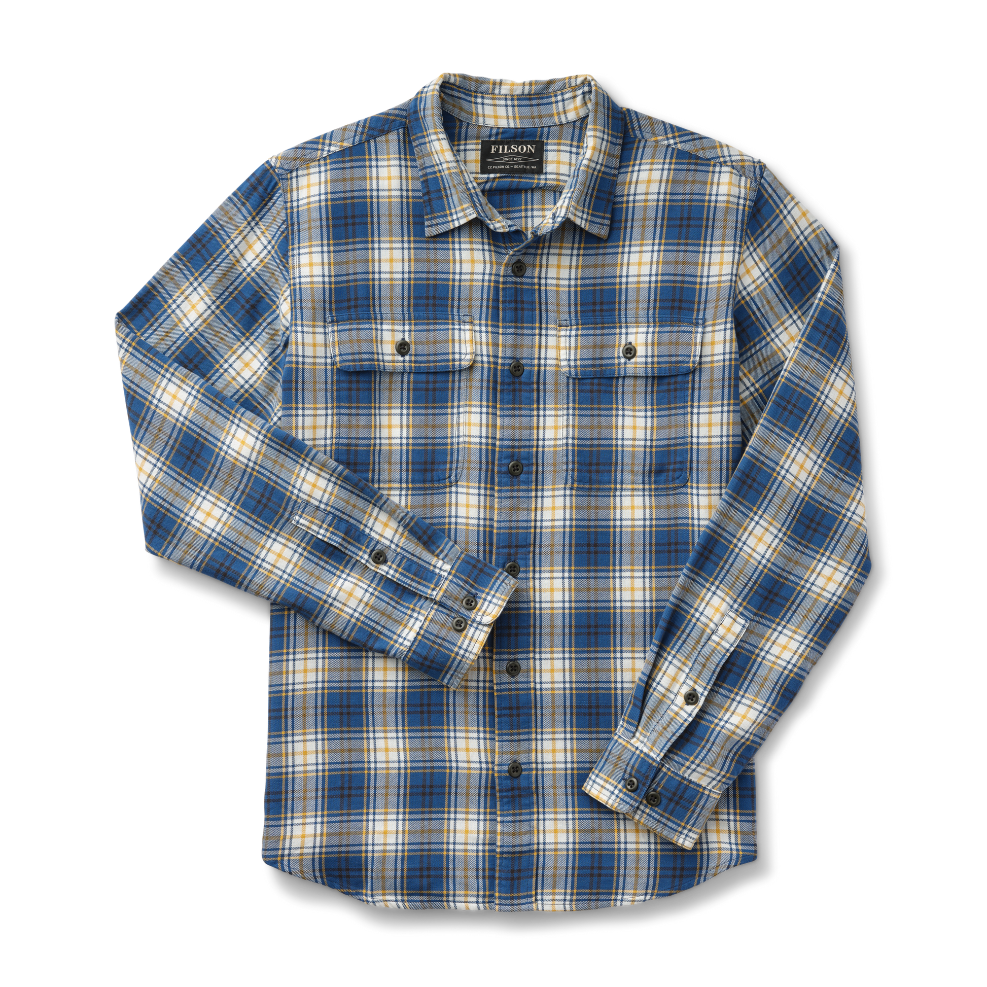 Front-facing image of the Filson Scout Shirt - Blue/gold/white Plaid