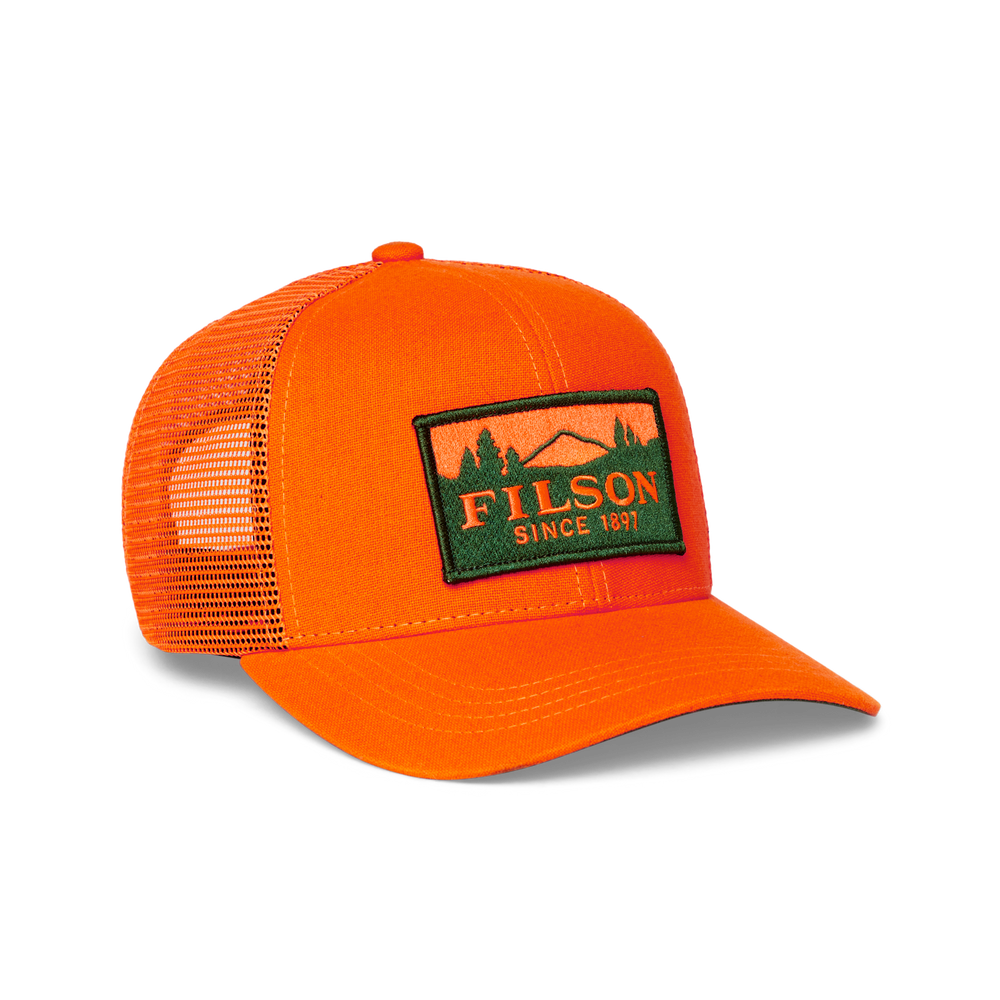 Front-facing image of the Filson Logger Mesh Cap - Blaze Orange