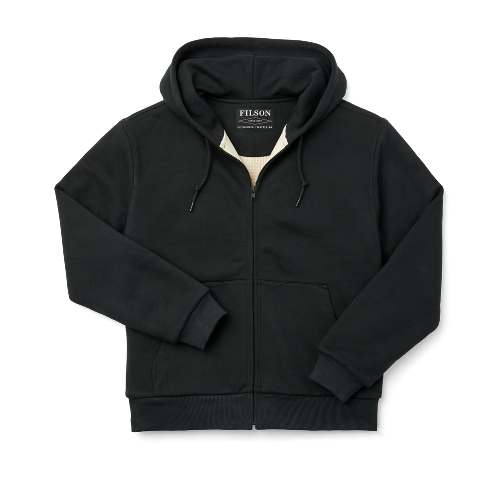 Front-facing image of the Filson Prospector Waffle-lined Full-zip Hoodie - Black