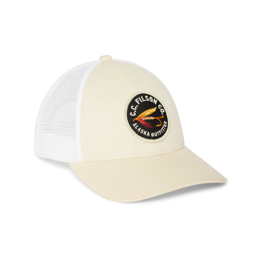 Front-facing image of the Filson Mesh Snap-back Logger Cap - White
