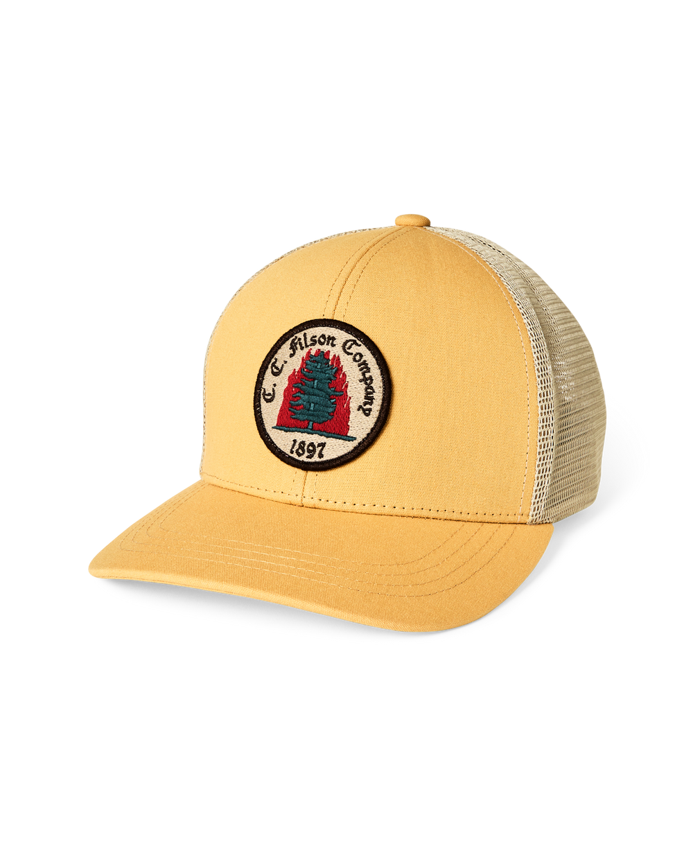 Front-facing image of the Filson Wildfire Logger Mesh Cap - Vintage Gold