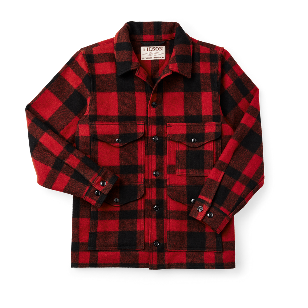 Front-facing image of the Filson Mackinaw Wool Cruiser Jacket - Red/black Plaid