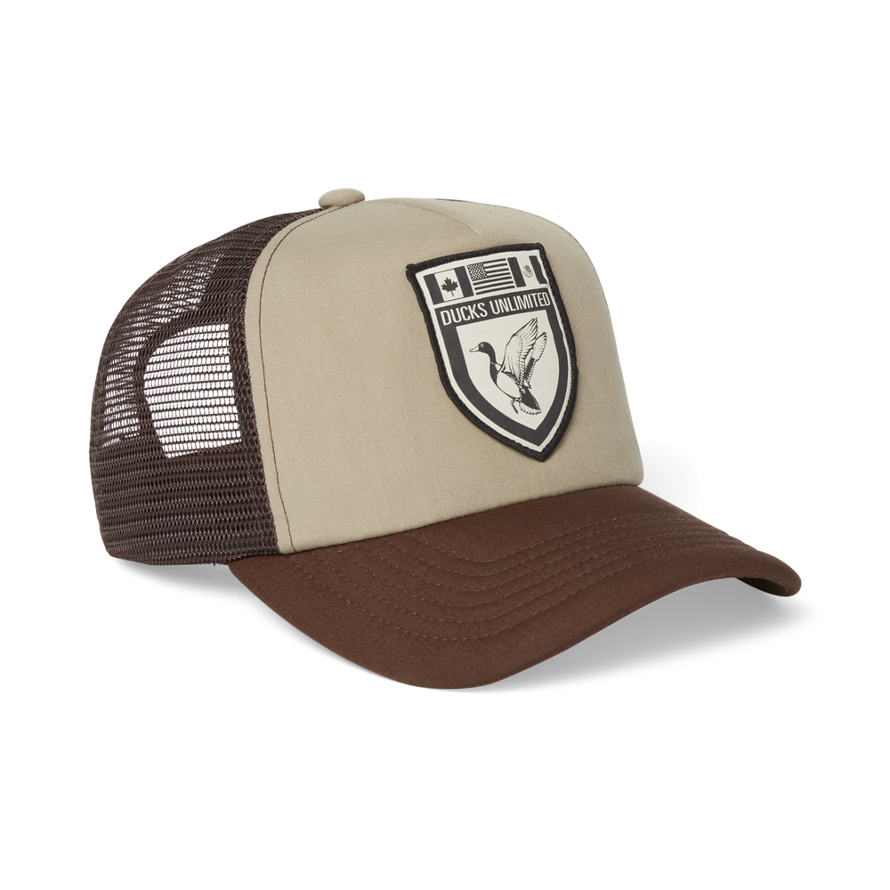 Front-facing image of the Filson Ducks Unlimited Mesh Snap-back Logger Cap - Khaki