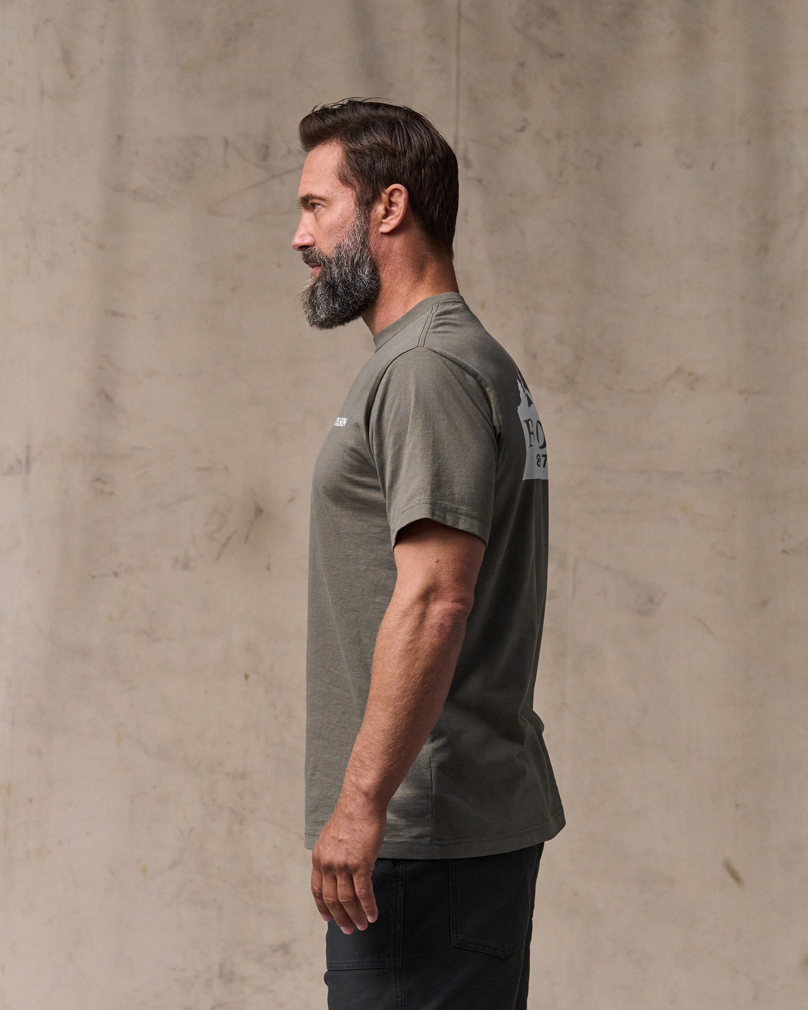 image of a model wearing Filson's Scenic Graphic T-shirt - Hawk Brown