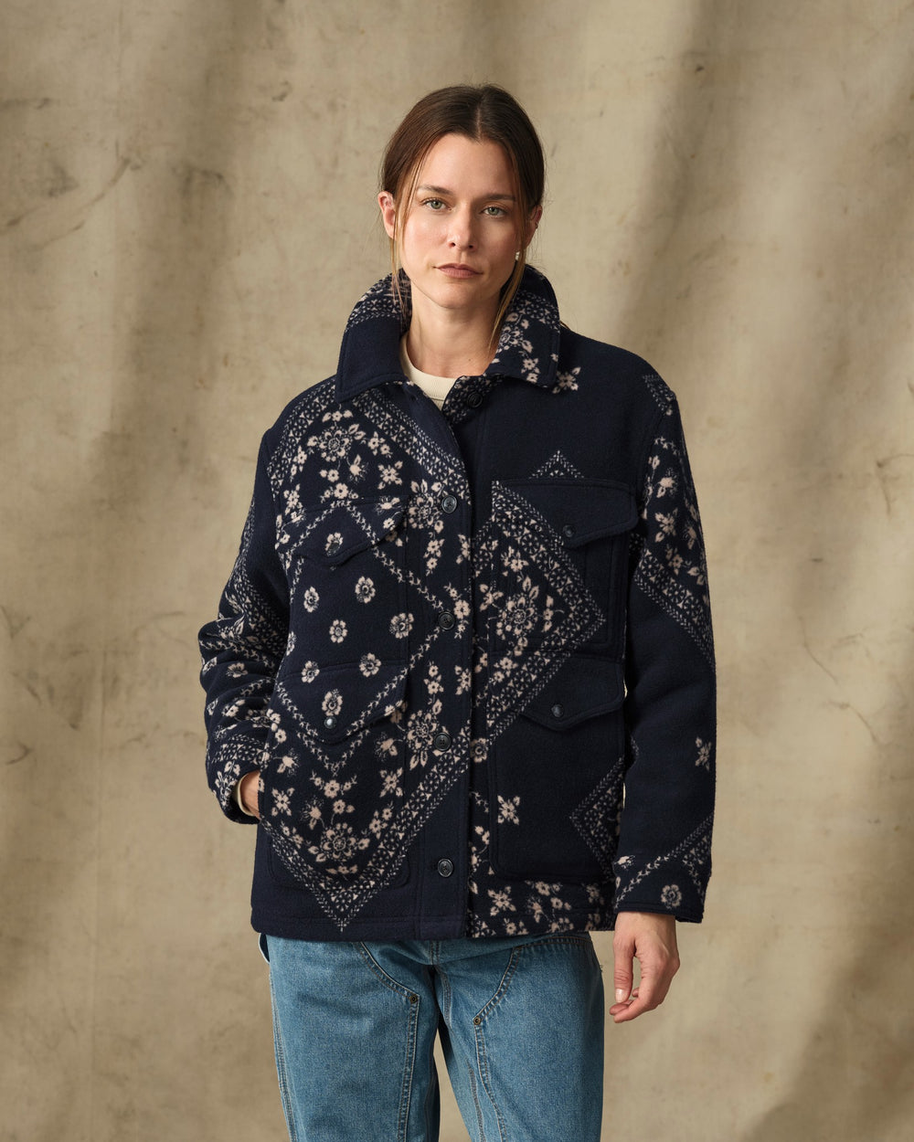 image of a model wearing Filson's Women's Jacquard Wool Cruiser Jacket - Ink Navy