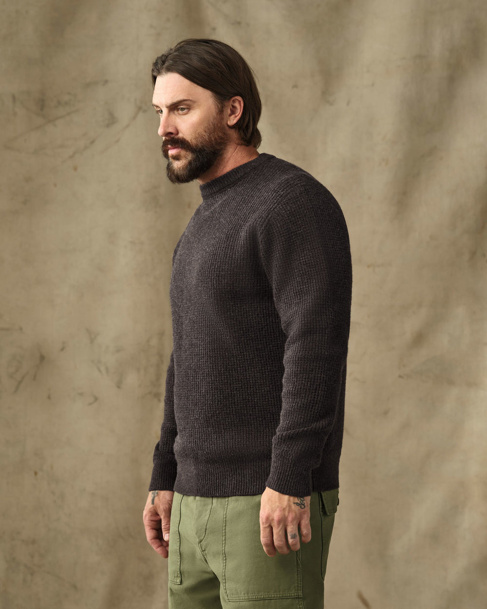 Waffle Knit Merino Wool Sweater - Dark Brown Heather