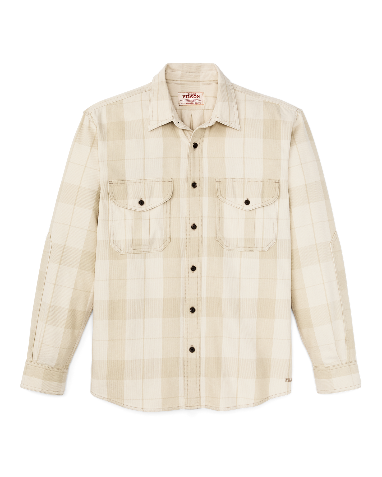 Front-facing image of the Filson Vintage Wash Alaskan Guide Shirt - Sand / Stone Plaid
