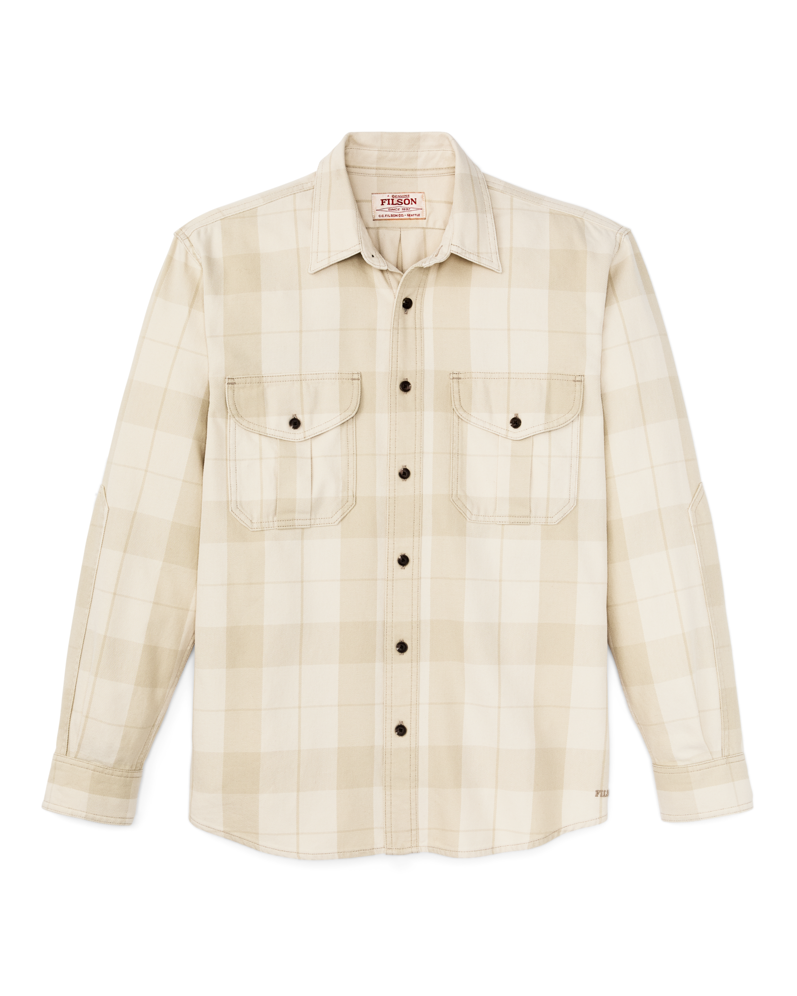 Front-facing image of the Filson Vintage Wash Alaskan Guide Shirt - Sand / Stone Plaid