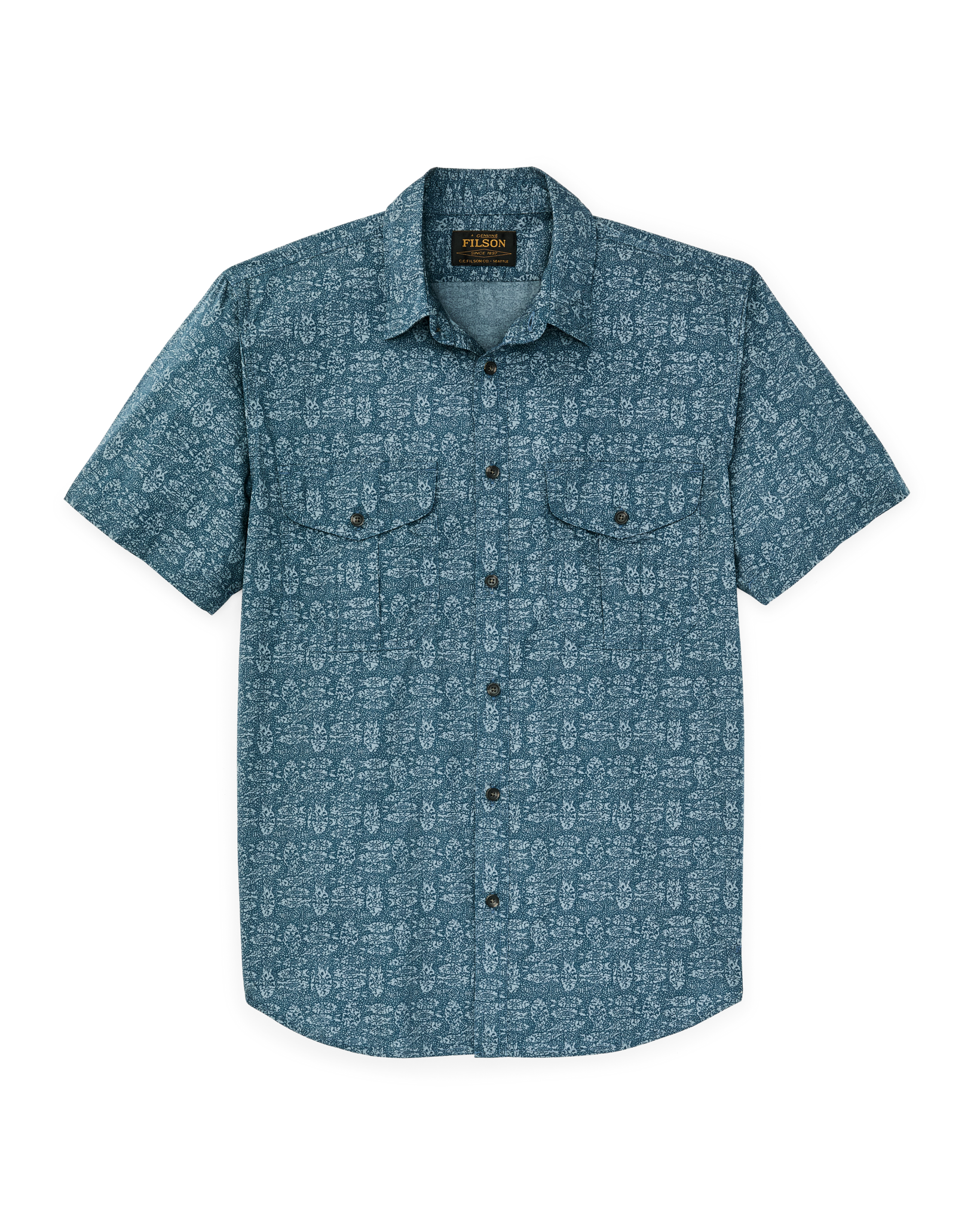 Front-facing image of the Filson Filson's Washed Short Sleeve Feather Cloth Shirt - Blue / Print