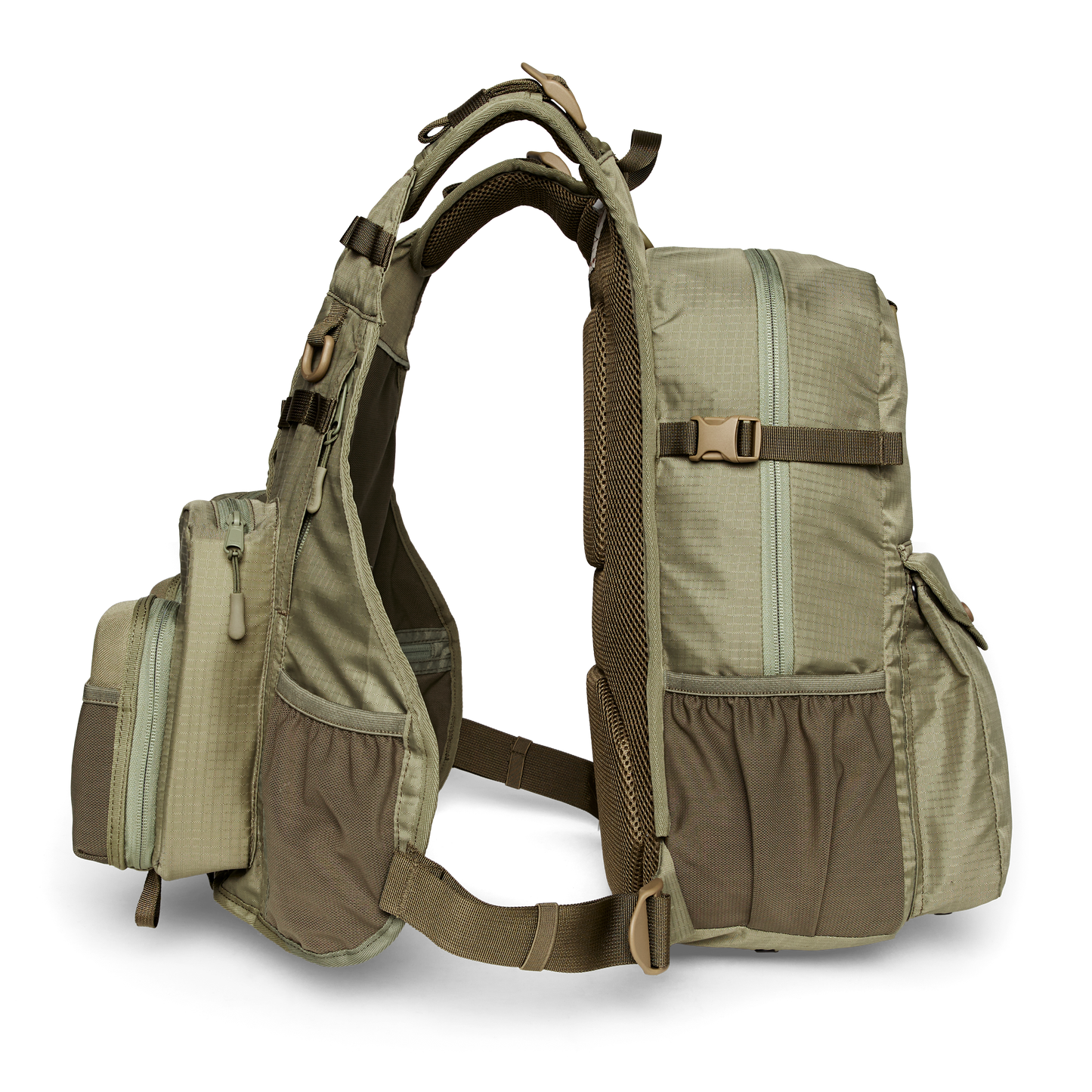 alternate image of filson's fishing guide vest, a men's technical vest, shown in vintage olive