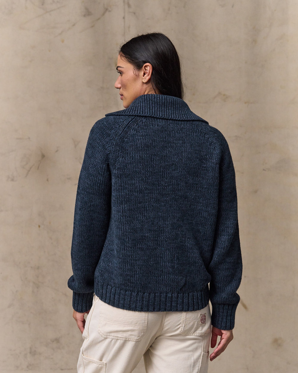 image of a model wearing Filson's Women's Cotton Full-zip Cardigan - Navy / Marl